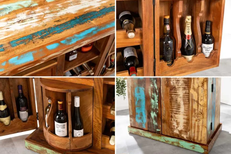 Einzigartiger Barschrank JAKARTA 100cm natur bunt recyceltes Massivholz aus Fischerbooten