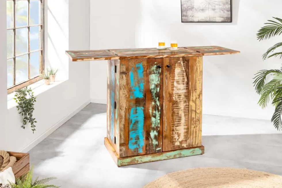 Einzigartiger Barschrank JAKARTA 100cm natur bunt recyceltes Massivholz aus Fischerbooten