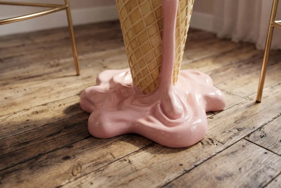 Einzigartiger Bartisch ICE CREAM 105cm beige rosa runde Tischplatte Glas handmade