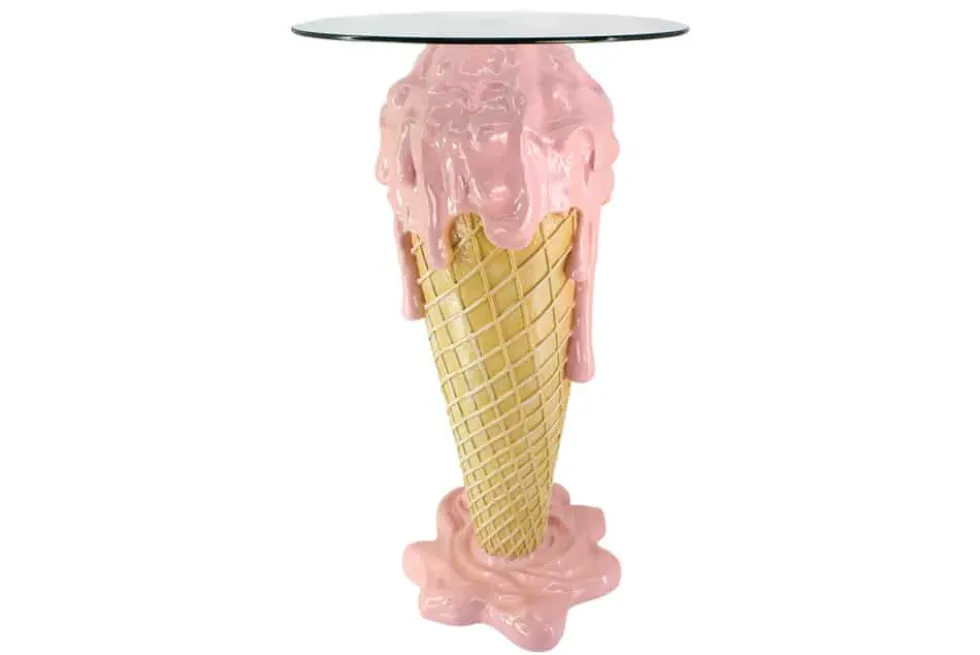 Einzigartiger Bartisch ICE CREAM 105cm beige rosa runde Tischplatte Glas handmade