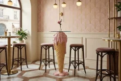 Einzigartiger Bartisch ICE CREAM 105cm beige rosa runde Tischplatte Glas handmade