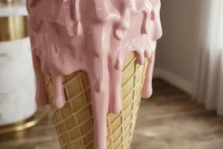 Einzigartiger Bartisch ICE CREAM 105cm beige rosa runde Tischplatte Glas handmade