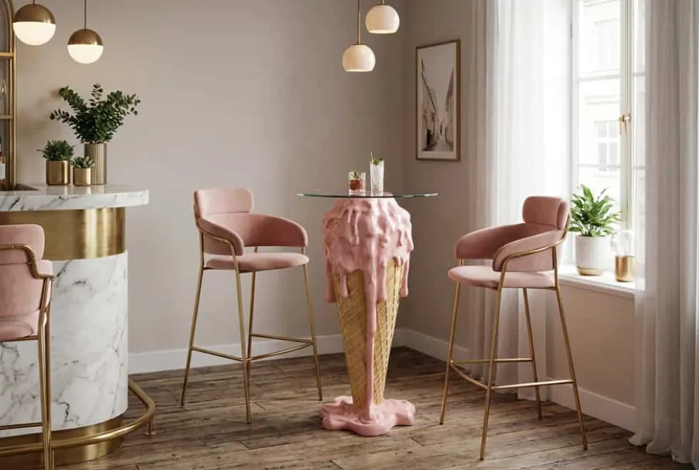 Einzigartiger Bartisch ICE CREAM 105cm beige rosa runde Tischplatte Glas handmade