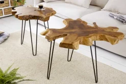 Einzigartiger Beistelltisch WILD 50cm Teak Massivholz Baumscheibe Metallbeine schwarz