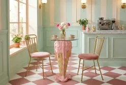 Einzigartiger Bistrotisch ICE CREAM 75cm beige rosa runde Tischplatte Glas handmade