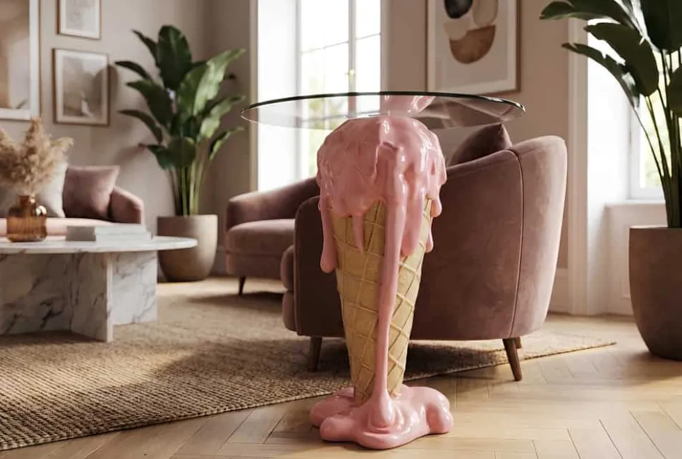 Einzigartiger Bistrotisch ICE CREAM 75cm beige rosa runde Tischplatte Glas handmade
