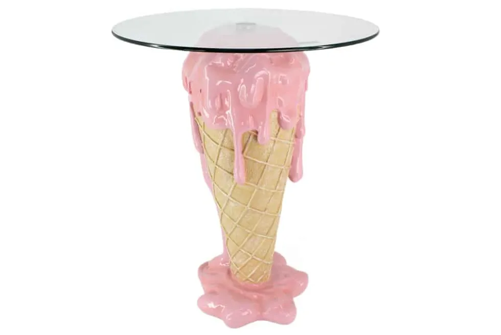 Einzigartiger Bistrotisch ICE CREAM 75cm beige rosa runde Tischplatte Glas handmade