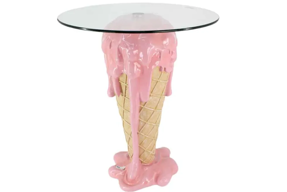 Einzigartiger Bistrotisch ICE CREAM 75cm beige rosa runde Tischplatte Glas handmade