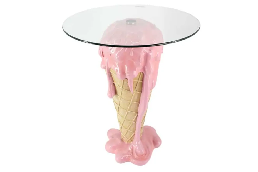 Einzigartiger Bistrotisch ICE CREAM 75cm beige rosa runde Tischplatte Glas handmade