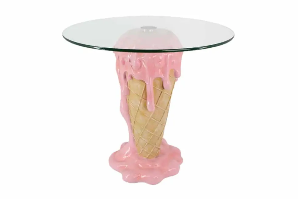 Einzigartiger Couchtisch ICE CREAM 50cm beige rosa runde Tischplatte Glas handmade