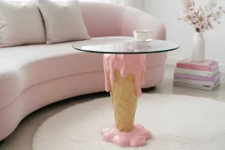 Einzigartiger Couchtisch ICE CREAM 50cm beige rosa runde Tischplatte Glas handmade