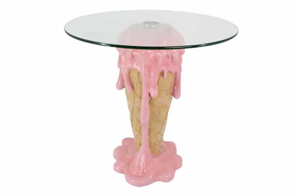Einzigartiger Couchtisch ICE CREAM 50cm beige rosa runde Tischplatte Glas handmade