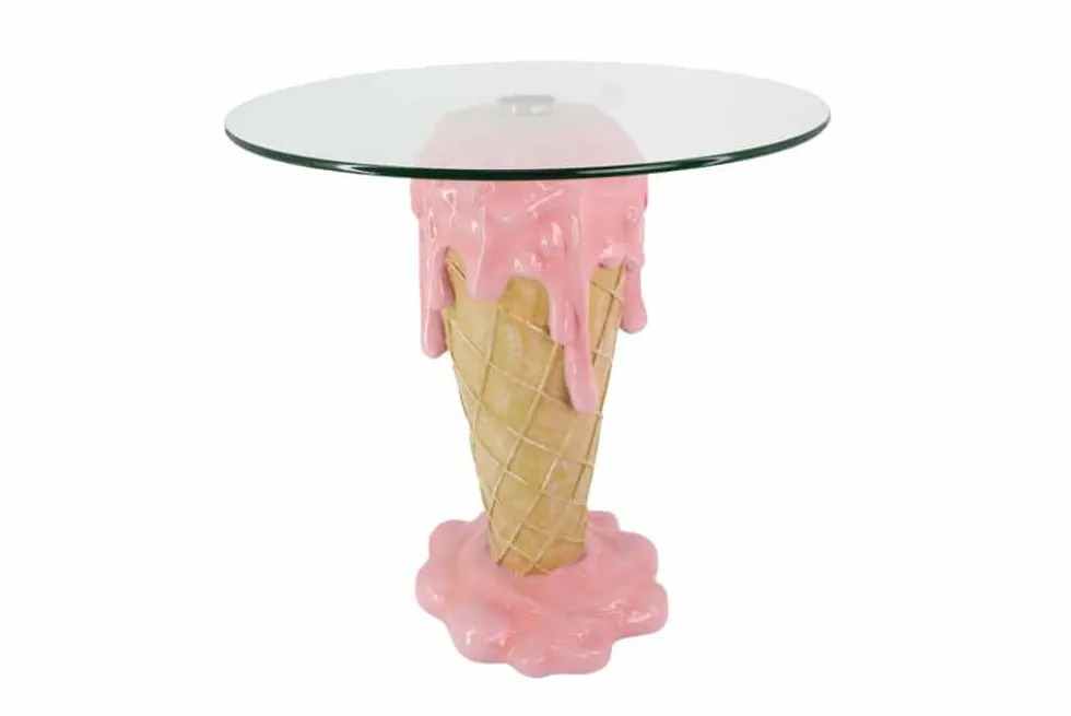 Einzigartiger Couchtisch ICE CREAM 50cm beige rosa runde Tischplatte Glas handmade