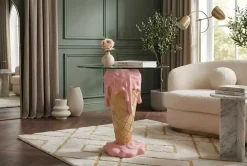 Einzigartiger Couchtisch ICE CREAM 50cm beige rosa runde Tischplatte Glas handmade