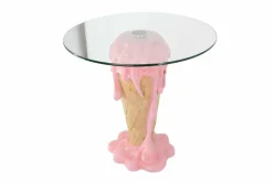 Einzigartiger Couchtisch ICE CREAM 50cm beige rosa runde Tischplatte Glas handmade