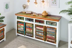 Einzigartiges Sideboard JAKARTA 160cm weiß bunt recyceltes Massivholz aus Fischerbooten