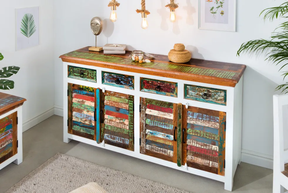 Einzigartiges Sideboard JAKARTA 160cm weiß bunt recyceltes Massivholz aus Fischerbooten