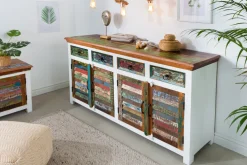 Einzigartiges Sideboard JAKARTA 160cm weiß bunt recyceltes Massivholz aus Fischerbooten