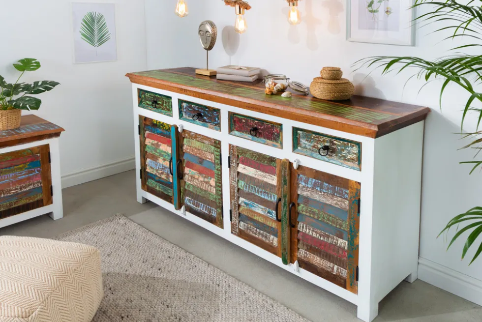 Einzigartiges Sideboard JAKARTA 160cm weiß bunt recyceltes Massivholz aus Fischerbooten