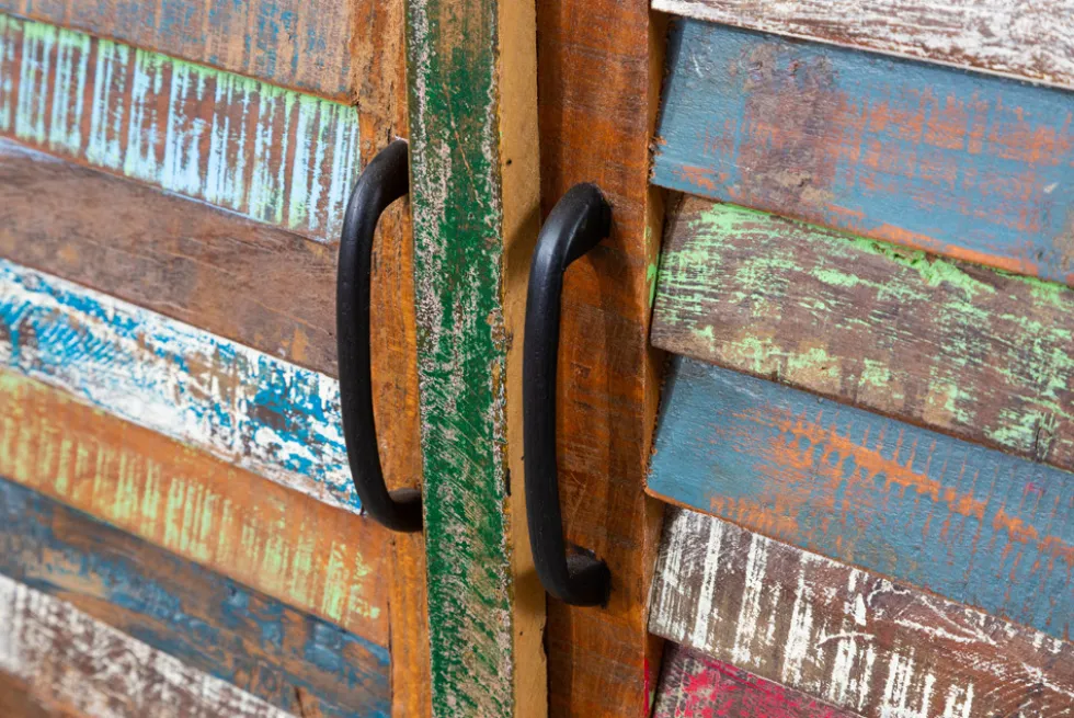Einzigartiges Sideboard JAKARTA 160cm weiß bunt recyceltes Massivholz aus Fischerbooten