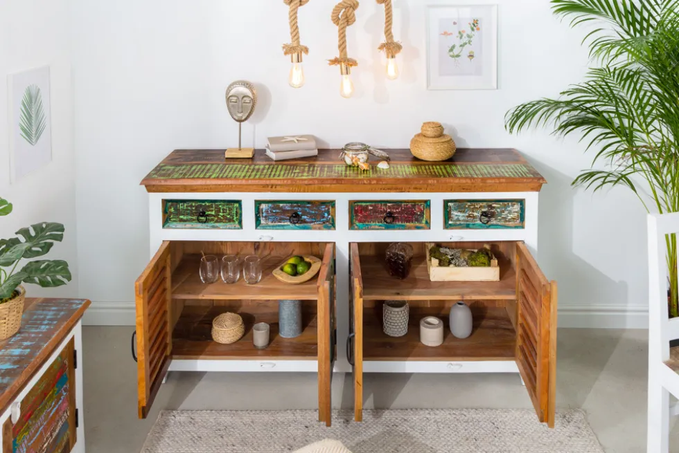 Einzigartiges Sideboard JAKARTA 160cm weiß bunt recyceltes Massivholz aus Fischerbooten