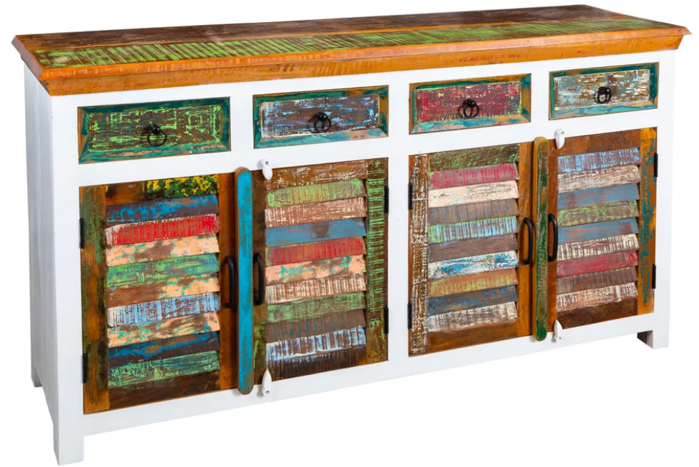 Einzigartiges Sideboard JAKARTA 160cm weiß bunt recyceltes Massivholz aus Fischerbooten