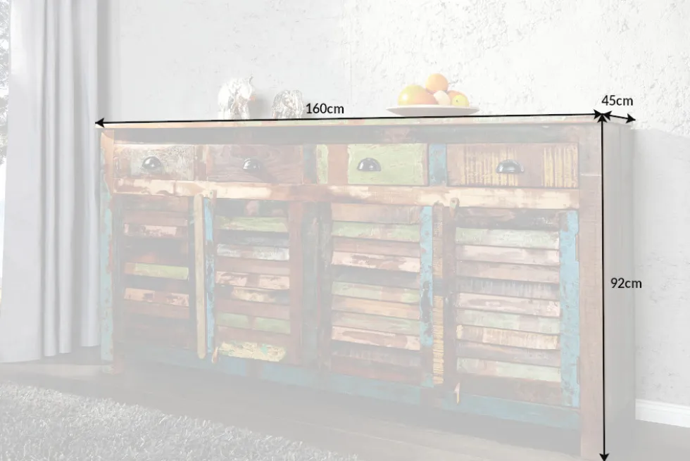 Einzigartiges Sideboard JAKARTA 160cm bunt recyceltes Massivholz aus Fischerbooten