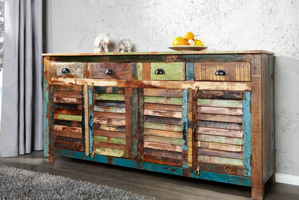 Einzigartiges Sideboard JAKARTA 160cm bunt recyceltes Massivholz aus Fischerbooten