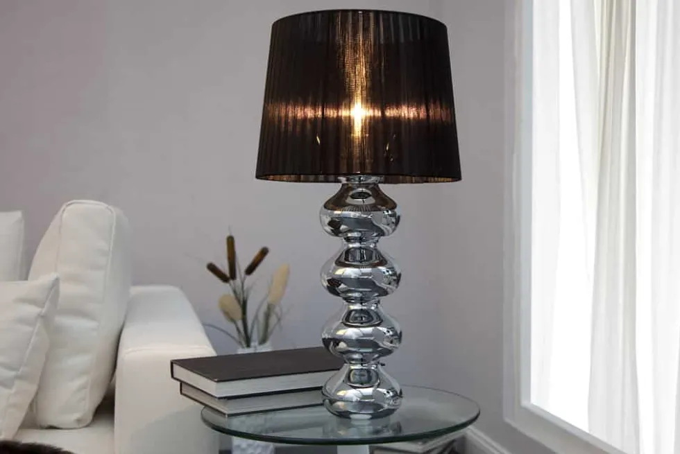 Elegante Design Tischlampe MIA 60cm silber Tischleuchte Stoffschirm