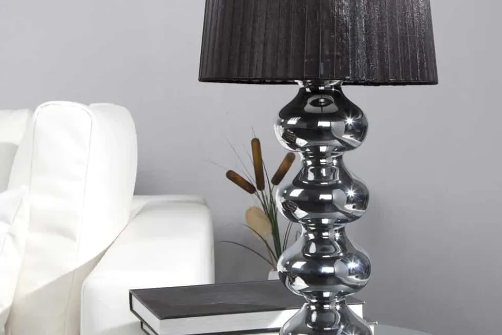 Elegante Design Tischlampe MIA 60cm silber Tischleuchte Stoffschirm