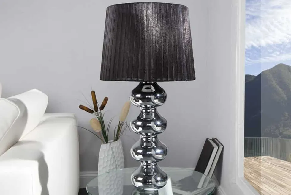 Elegante Design Tischlampe MIA 60cm silber Tischleuchte Stoffschirm