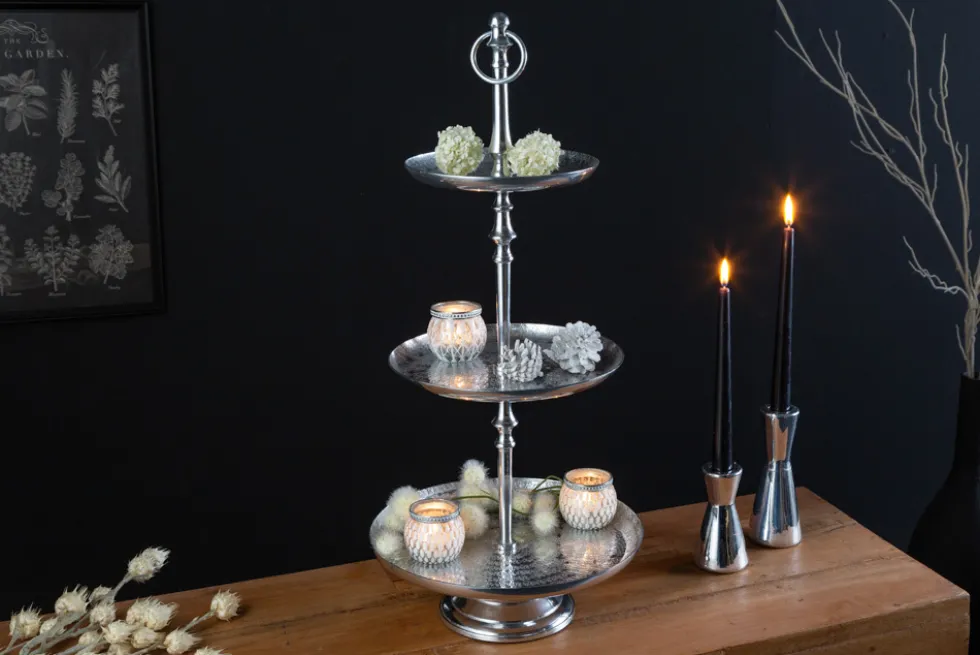 Elegante Etagere ORIENT 65cm silber im Wild Hammerschlag Design mit drei Etagen