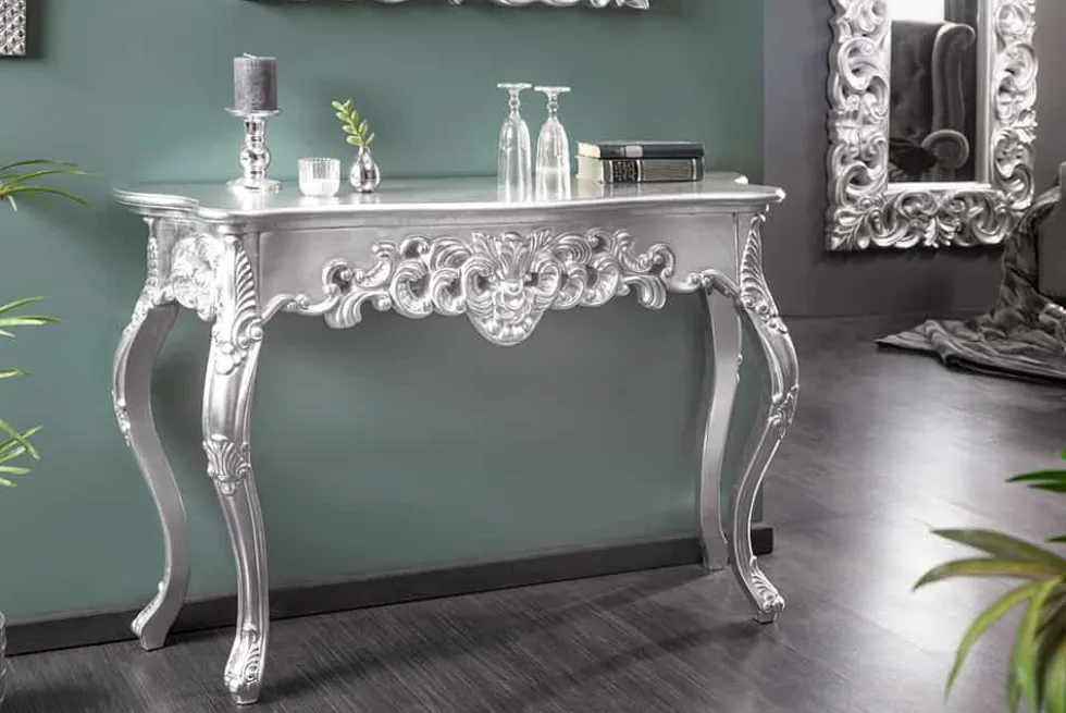 Elegante Konsole VENICE 110cm silber Barock Design Anrichte handgearbeitet