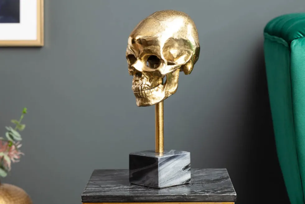Elegante Skulptur SKULL 35cm gold Totenkopf mit Marmorfuß