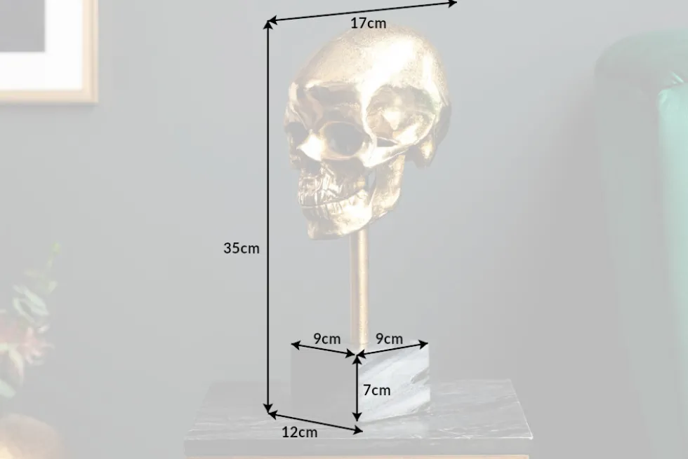 Elegante Skulptur SKULL 35cm gold Totenkopf mit Marmorfuß