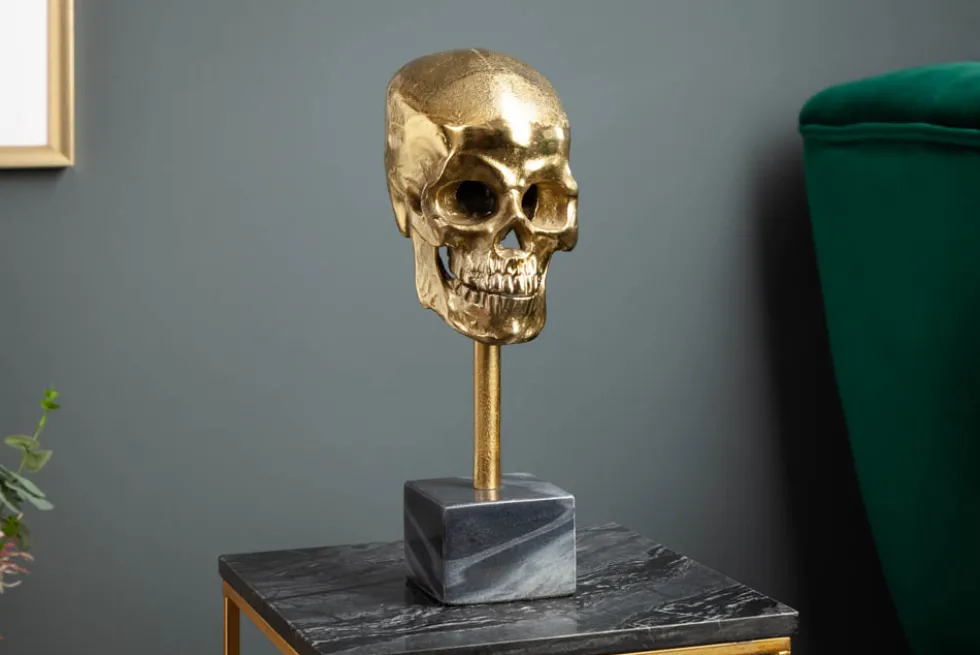 Elegante Skulptur SKULL 35cm gold Totenkopf mit Marmorfuß