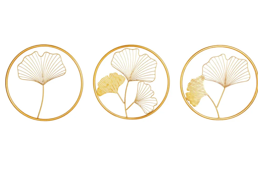 Elegante Wanddeko 3er Set GINKGO 40cm gold in filigraner Blattform