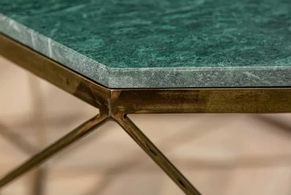 Eleganter Couchtisch DIAMOND 70cm grün messing mit Marmorplatte