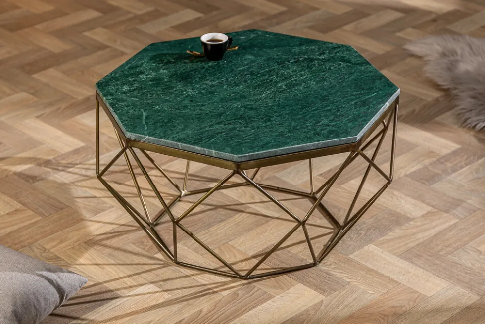 Eleganter Couchtisch DIAMOND 70cm grün messing mit Marmorplatte
