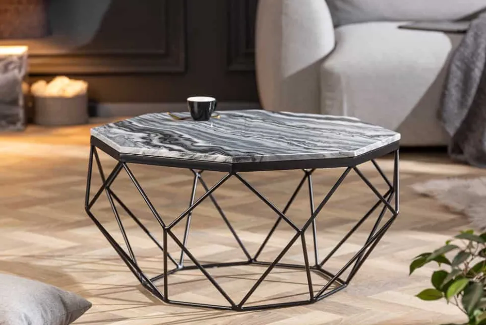 Eleganter Couchtisch DIAMOND 70cm grau schwarz mit Marmorplatte