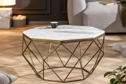 Eleganter Couchtisch DIAMOND 70cm weiß messing mit Marmorplatte