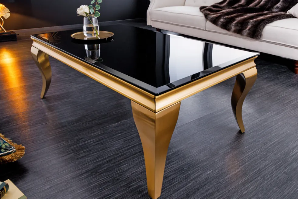 Eleganter Couchtisch MODERN BAROCK 100cm schwarz Opalglas goldene Beine