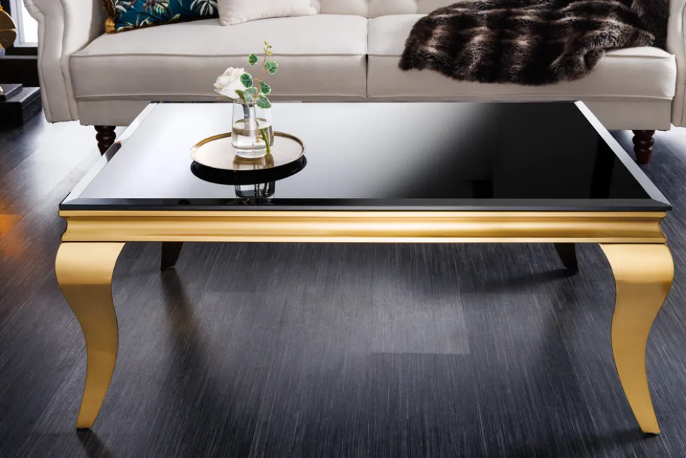 Eleganter Couchtisch MODERN BAROCK 100cm schwarz Opalglas goldene Beine