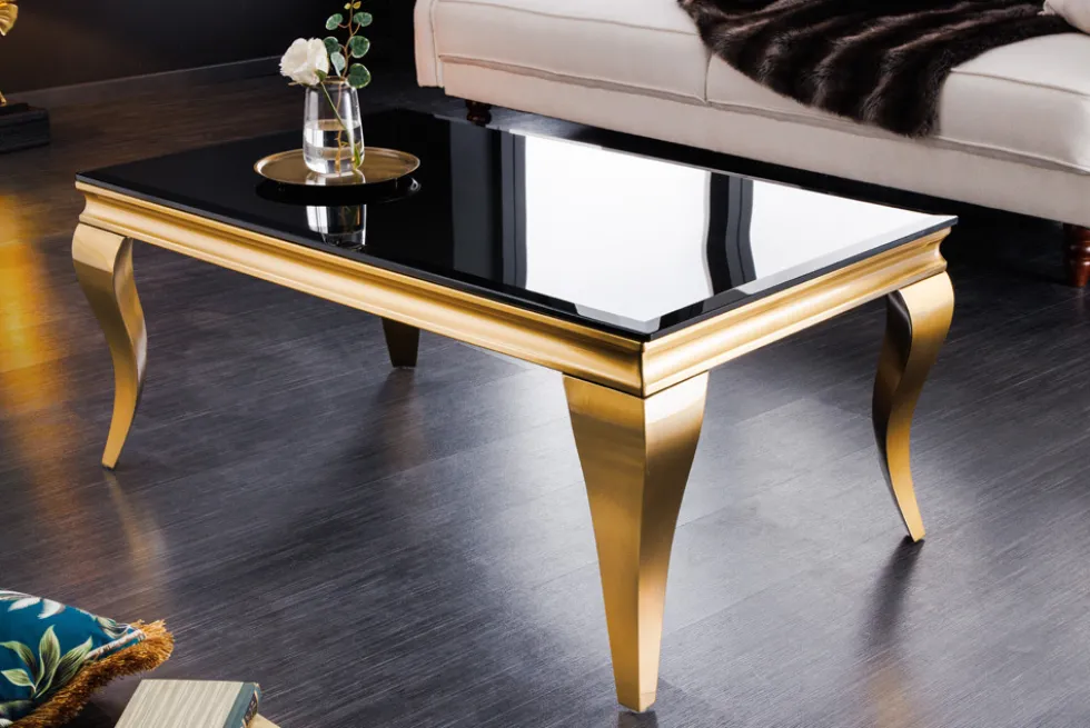 Eleganter Couchtisch MODERN BAROCK 100cm schwarz Opalglas goldene Beine