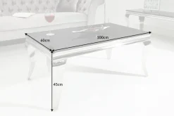 Eleganter Couchtisch MODERN BAROCK 100cm silber mit schwarzem Opalglas