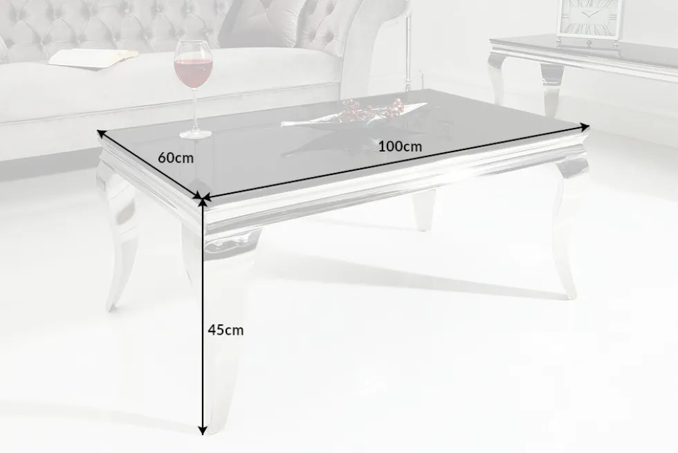 Eleganter Couchtisch MODERN BAROCK 100cm silber mit schwarzem Opalglas