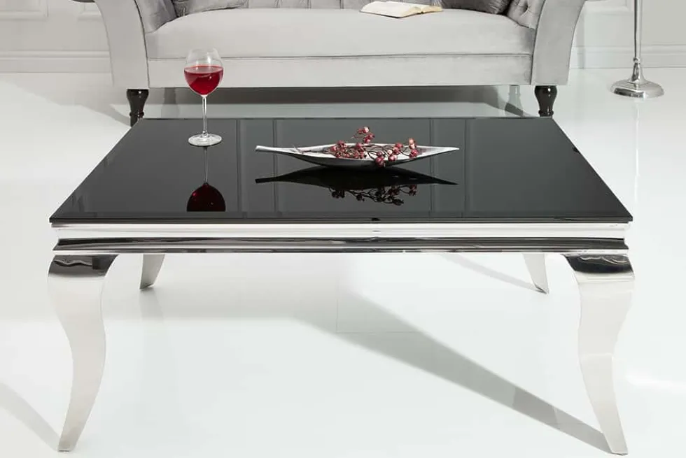 Eleganter Couchtisch MODERN BAROCK 100cm silber mit schwarzem Opalglas