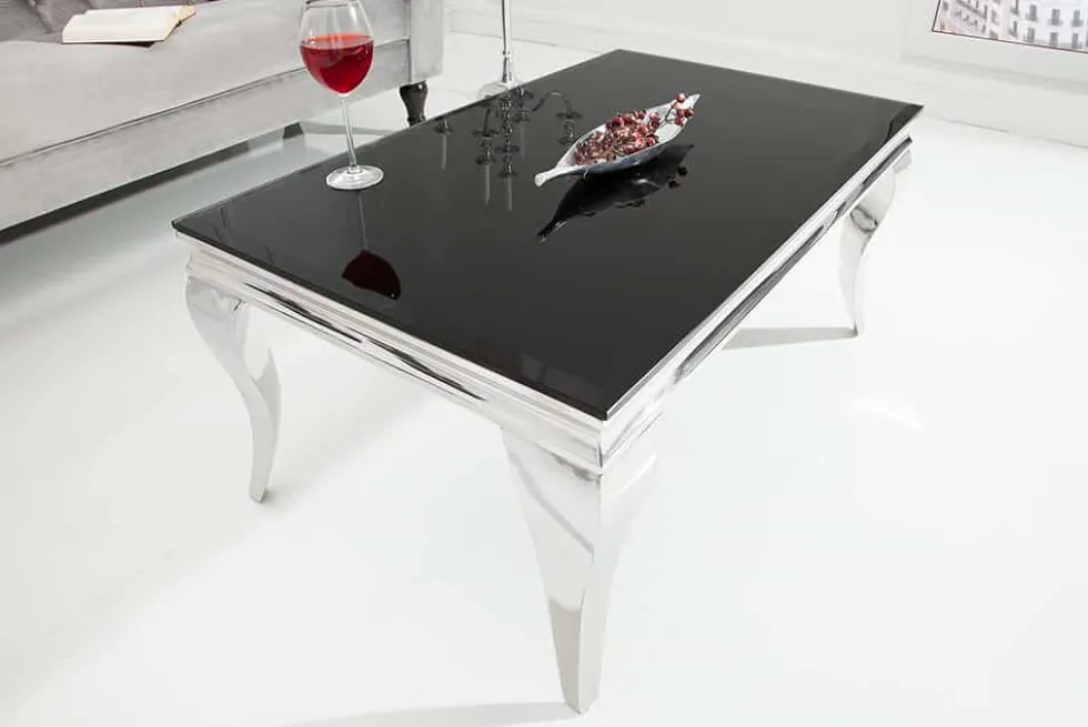 Eleganter Couchtisch MODERN BAROCK 100cm silber mit schwarzem Opalglas