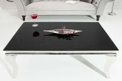 Eleganter Couchtisch MODERN BAROCK 100cm silber mit schwarzem Opalglas