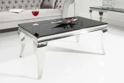 Eleganter Couchtisch MODERN BAROCK 100cm silber mit schwarzem Opalglas
